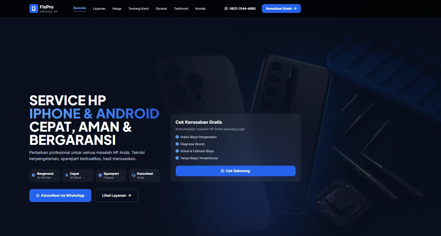 Contoh Website Jasa Service HP Buatan Roketer